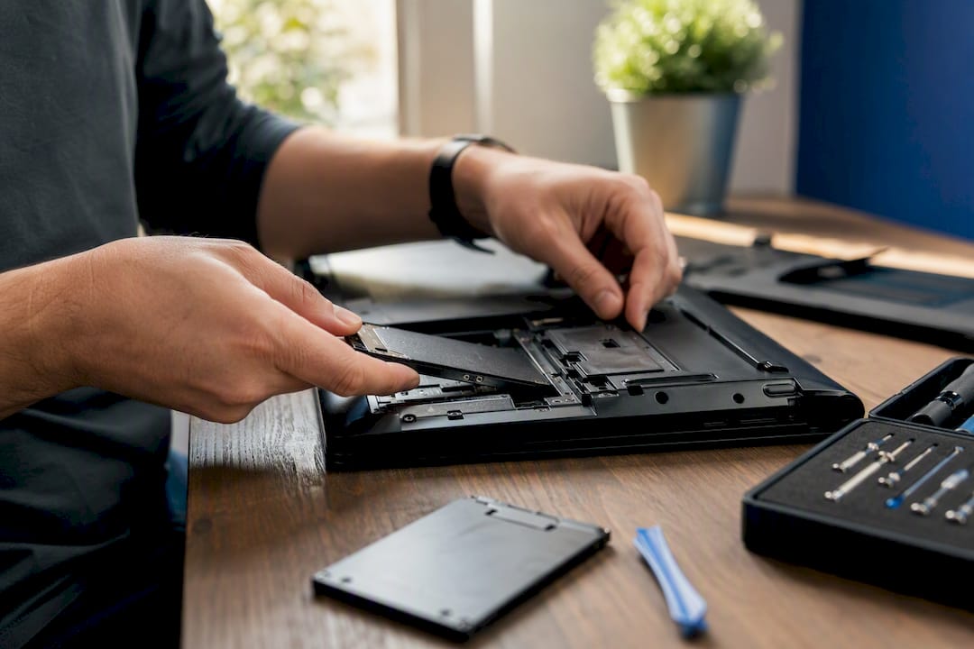 Hands replacing laptop hard drive with SSD