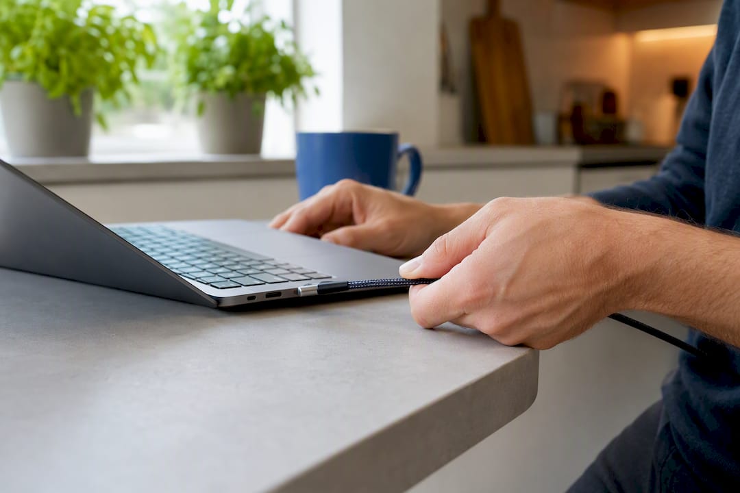 Hands unplugging accessories from laptop before repair