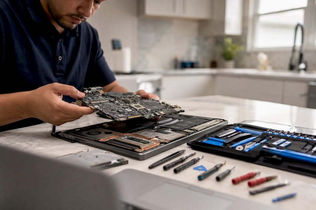 Technician's hands repairing laptop hardware onsite