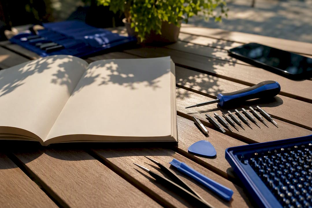 Smartphone repair tools on a home desk