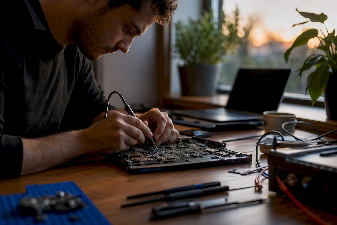Hands diagnosing laptop motherboard