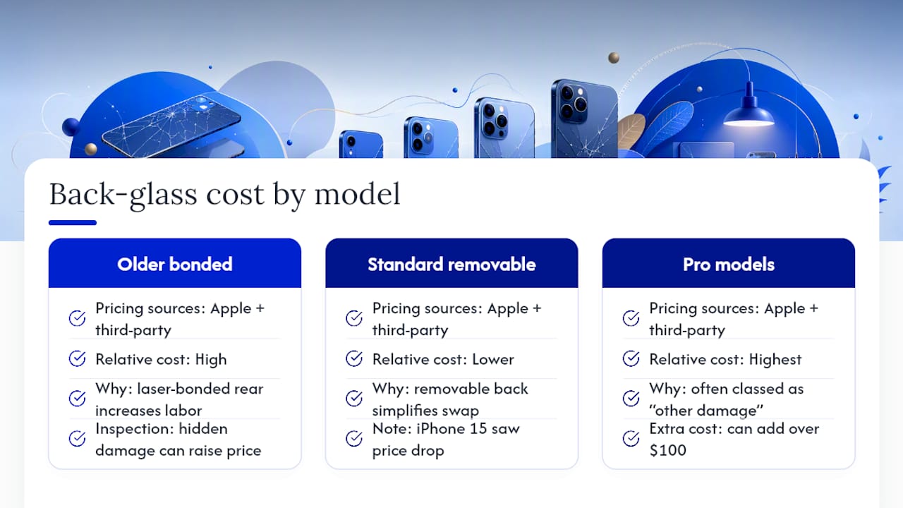 Diagram comparing iPhone back glass repair costs by model