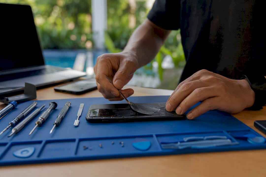 Technician removing cracked smartphone back glass