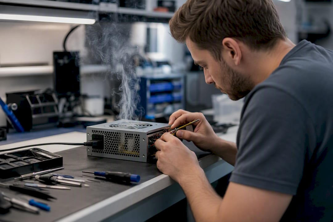Smoke rising from laptop power supply unit
