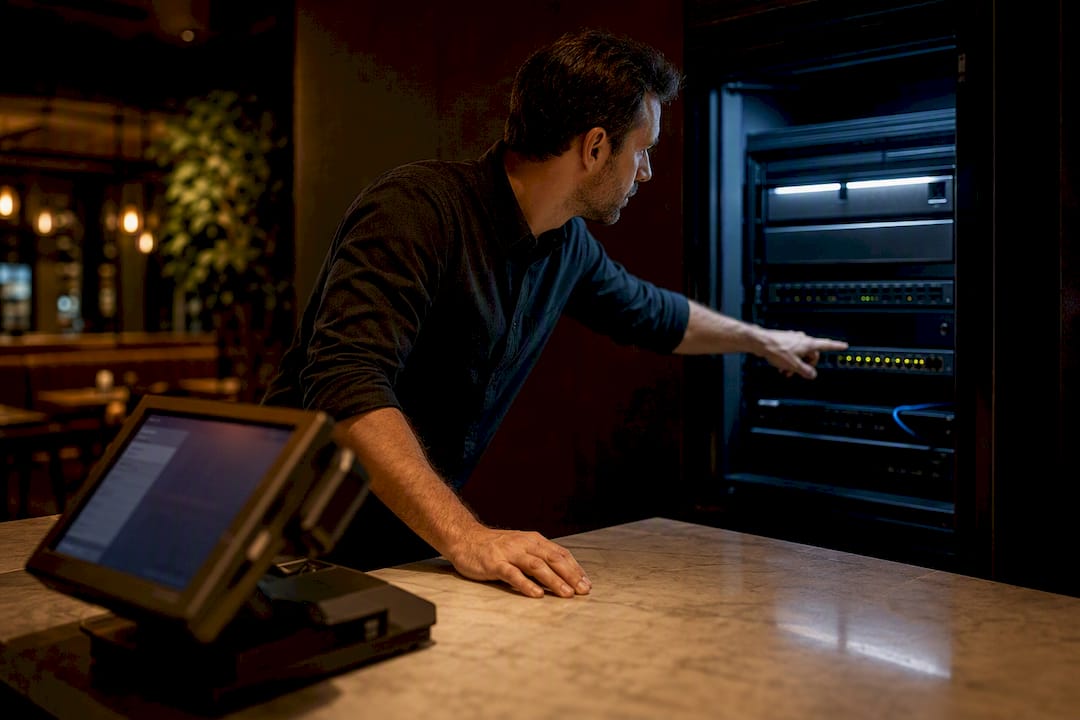 Manager checking POS network connection