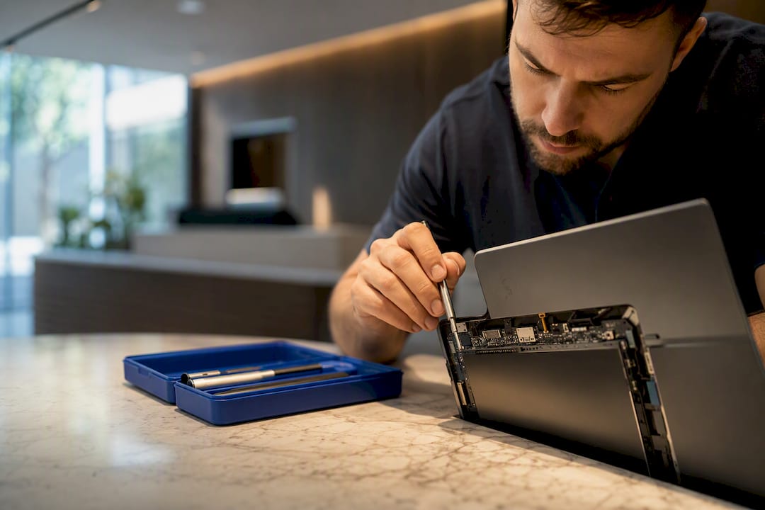 Technician diagnosing a business device on site