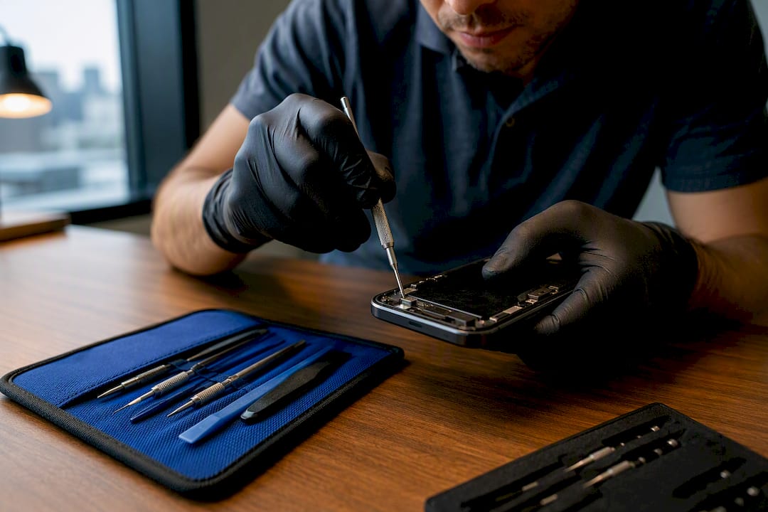 Technician inspecting a device during on-site repair