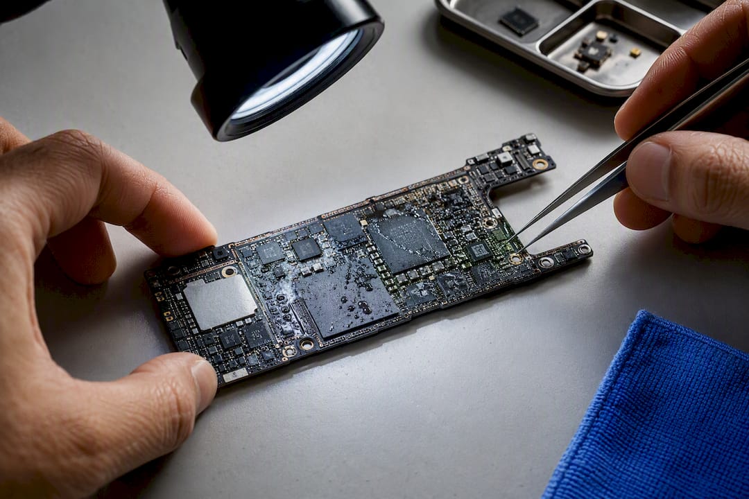 Technician examining corrosion on damaged logic board