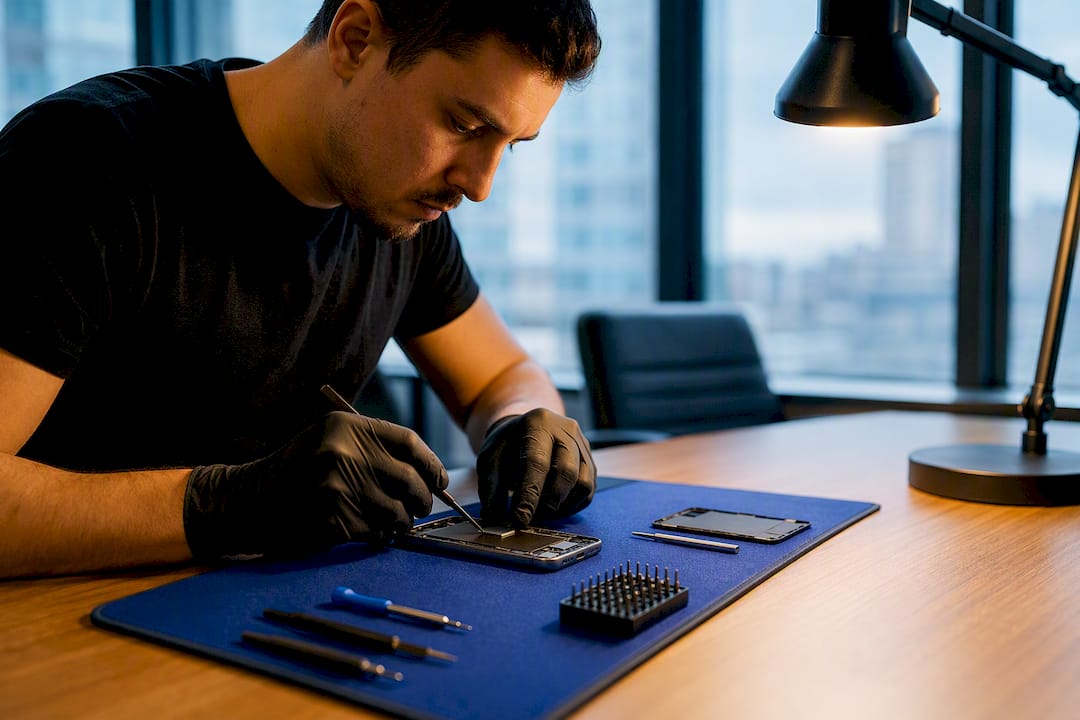 Technician performing on-site phone battery repair