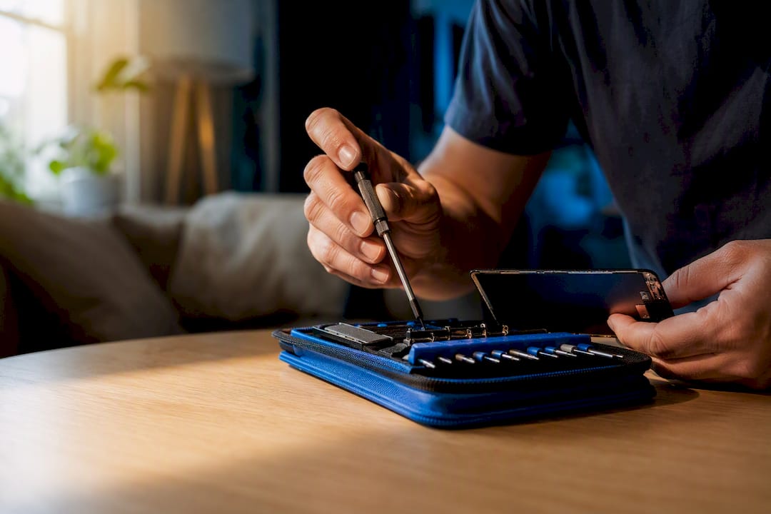 Technician performing an onsite phone repair