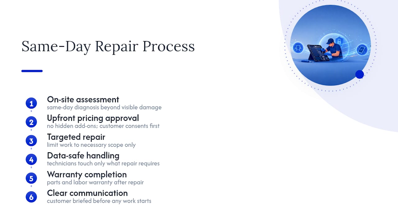 Same-day tablet repair and data safety process
