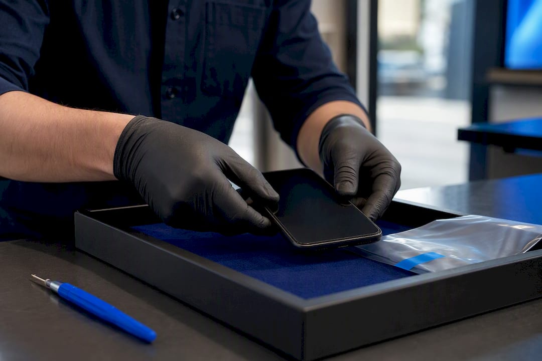 Technician securing a phone for professional removal