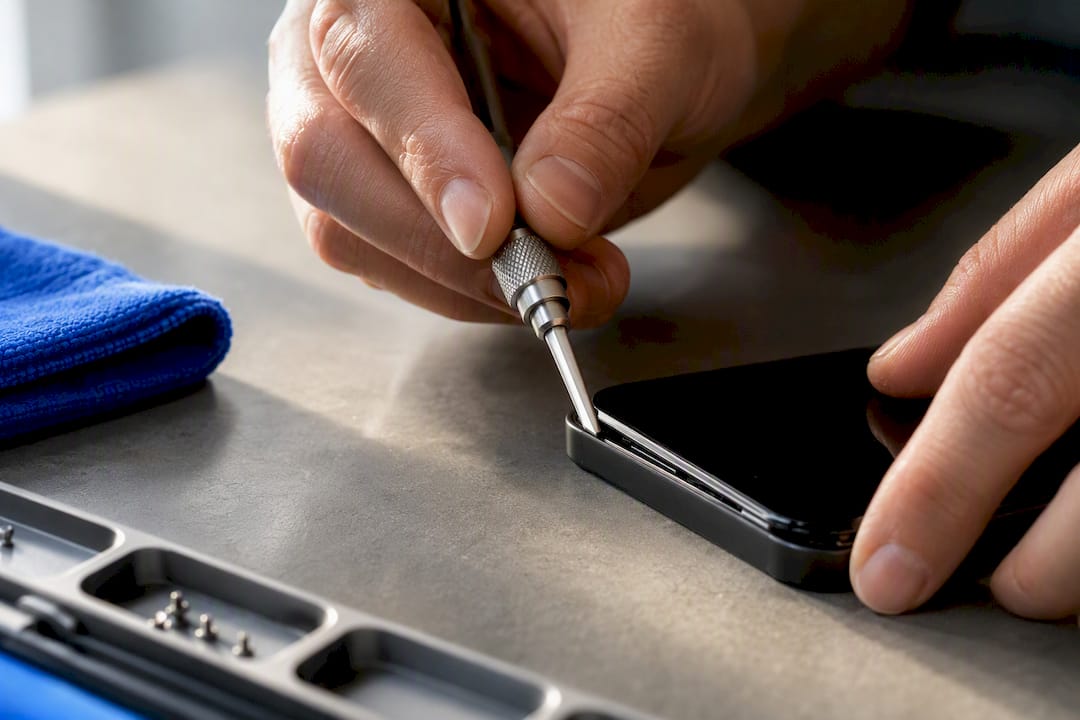 Hands replacing a phone screen