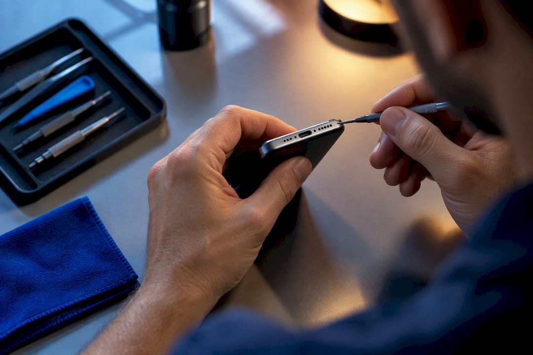 Technician inspecting device warranty repair