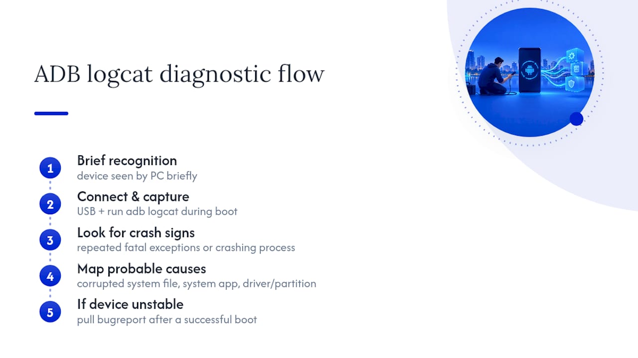 ADB logcat boot loop diagnostic flow