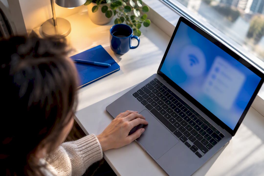 Hands checking laptop wireless connection