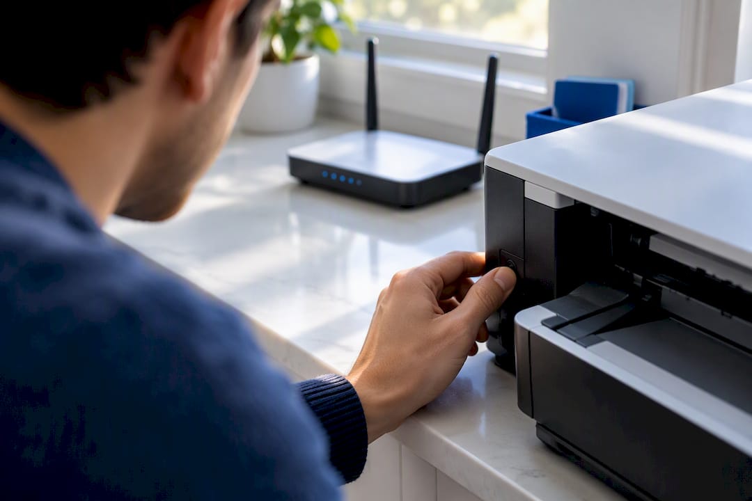 Hands setting up a wireless printer connection