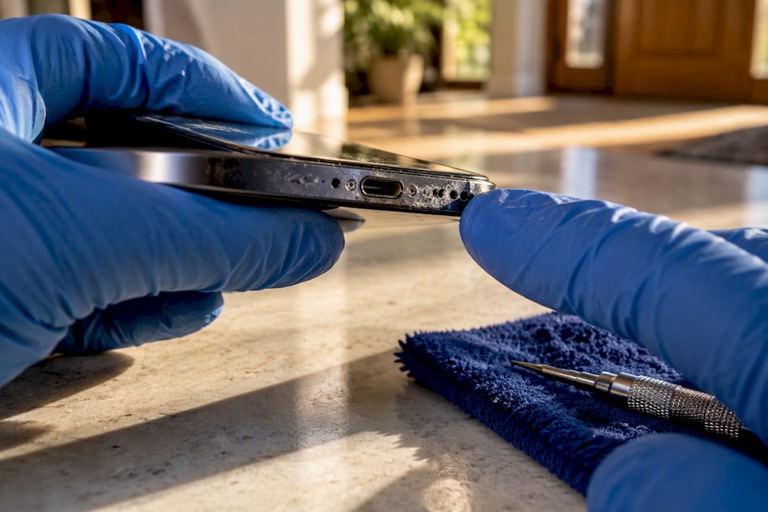 Technician inspecting phone for liquid damage