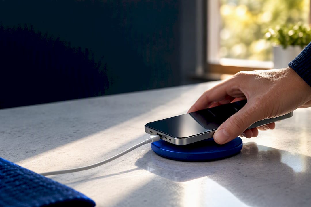 Anonymous phone charging on a clean counter