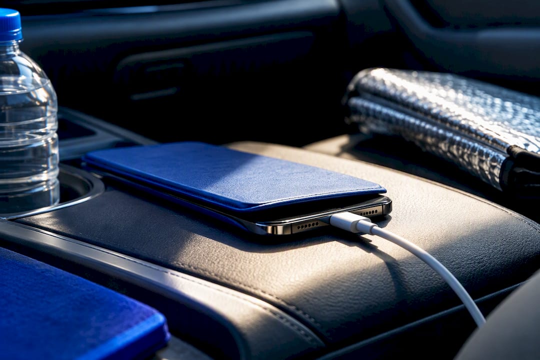 Phone charging in direct sunlight inside car