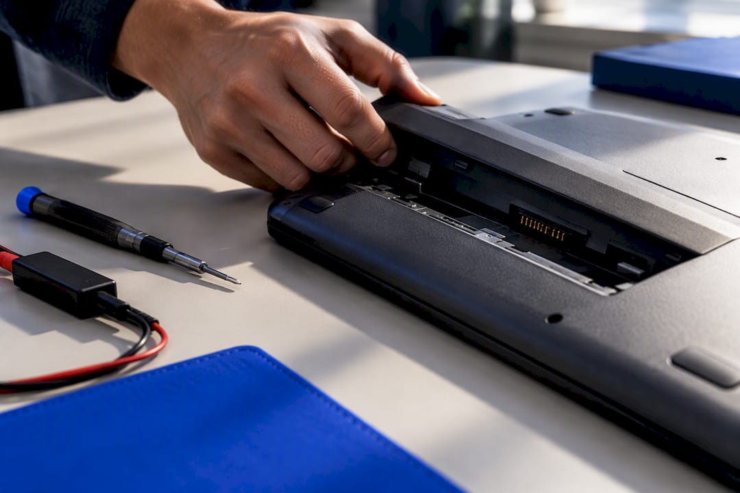 Cropped laptop battery under inspection
