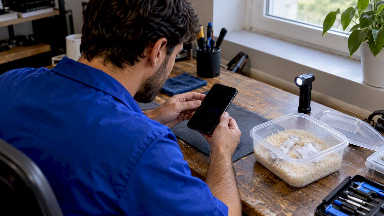 Technician assessing wet phone with desiccants