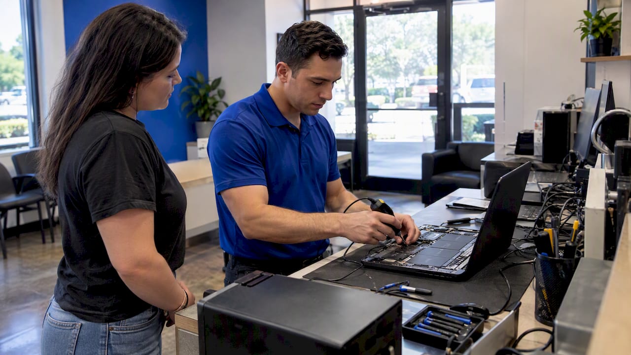 Technician diagnosing laptop during on-site repair