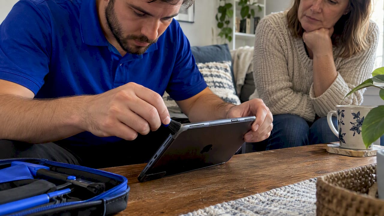 Technician inspecting an iPad speaker grille
