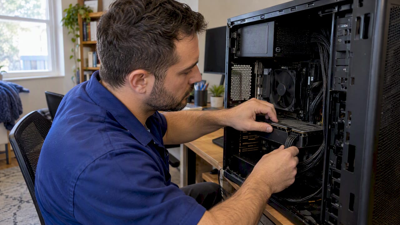 Technician checks GPU power connector inside PC
