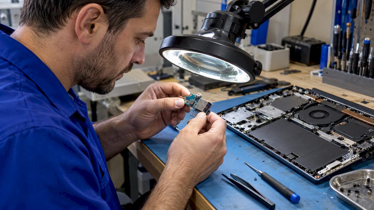 Technician inspecting a laptop USB connector
