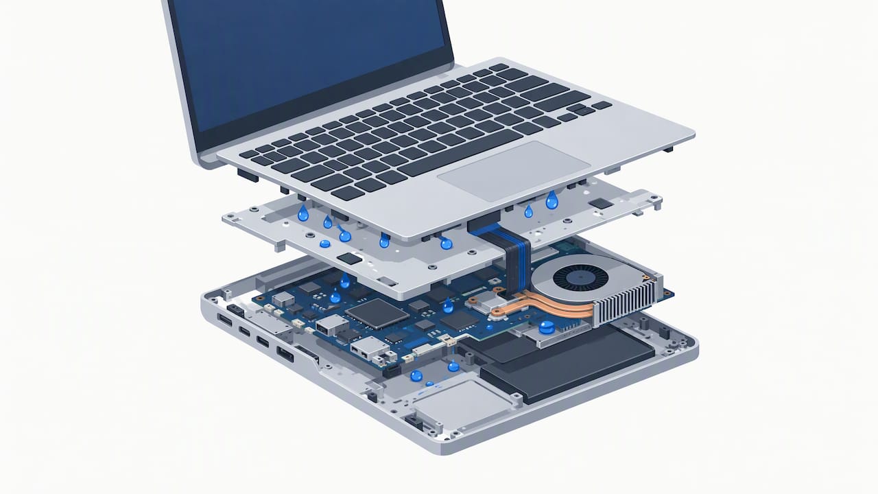 Moisture trapped beneath a laptop keyboard