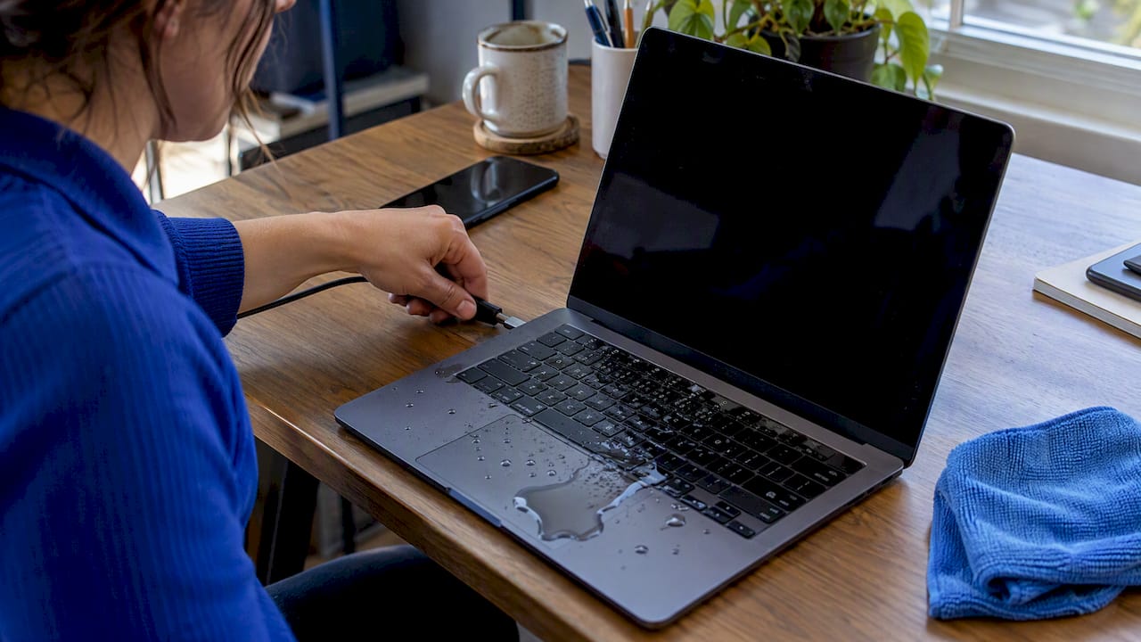 Hand unplugging laptop beside a keyboard spill