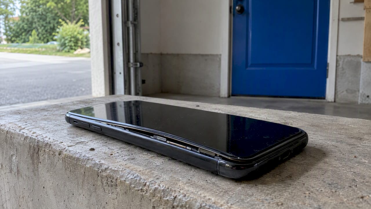 Swollen smartphone resting on a concrete ledge