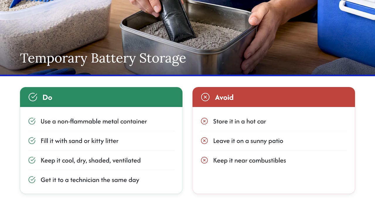 Safe temporary storage guidance for swollen batteries
