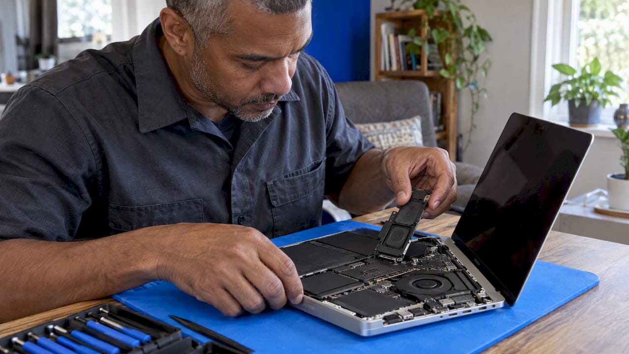 Technician inspecting MacBook Pro speaker assembly